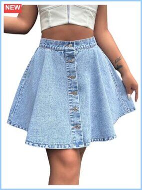 Button Down Mini Denim Jean Skirt High Waisted Ruffle A Line Festival Skirt